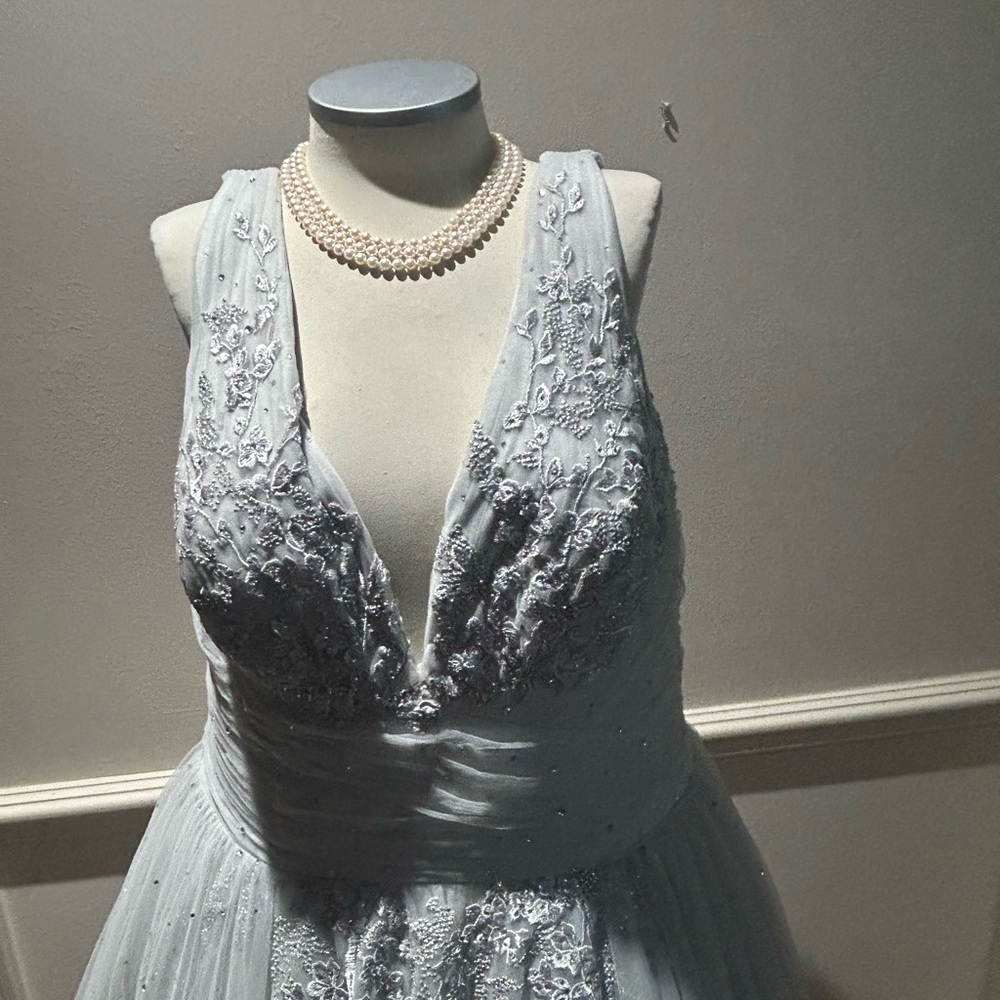 Elegant silver tea length silver dress with lace appliqué and pleat tulle